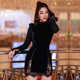 Winter Women Black Lace Backless Mini Club Bandage Dress Sexy Long Sleeve Celebrity Evening Party Bodycon Dresses 210423
