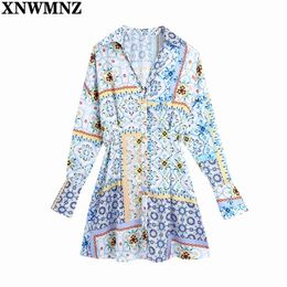 Summer Short Dress Women Fashion Patchwork Print Long Sleeve Mini Chic Buttons Vintage Robe Casual es 210520