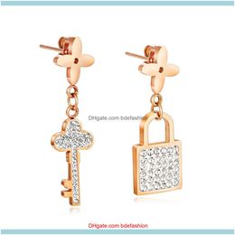 Jewellery Ins Fashion Designer Stainless Steel Key Lock Diamond Zirconia Dangle Pendant Stud Earrings For Women Girls Drop Delivery 2021 Swn4C