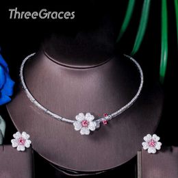 ThreeGraces High Quality Bridal Wedding Jewellery White Hot Pink Cubic Zirconia Flower Necklace Earrings Sets for Women TZ531 H1022