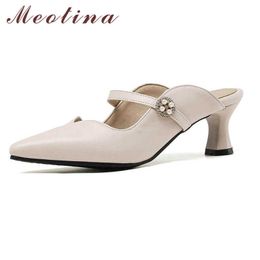 Meotina Women Pumps High Heels String Bead Mules Shoes Pointed Toe Thin Heel Footwear Lady Summer Fashion Shoes Black Size 33-46 210608