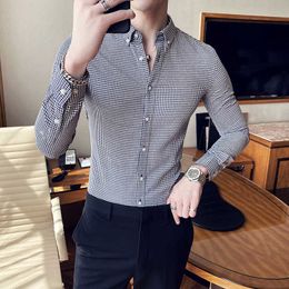 Plaid Business Casual Shirt Men Long Sleeve Slim Fit Work Social Dress Tops British Style Male Clothing Camisa Masculina 210527