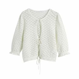 Sweet Women O Neck Bow Lace Blouse Spring-autumn Fashion Ladies College Style Shirt Female Jacquard Mesh Knitted Top 210515