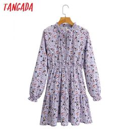 Tangada Fashion Women Purple Flowers Print Ruffles Dress Bow Long Sleeve Strethy Waist Ladies Mini Dress SY119 210609