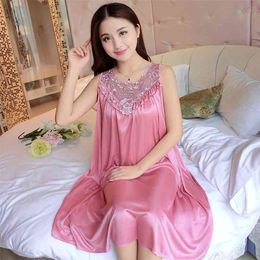 Plus Size 4XL Ladies Sexy Silk Satin Night Dress Sleeveless Nighties Nightgown Long Nightdress Lace Sleepwear Nightwear Women 210831