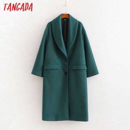 Tangada Women Winter Dark Green Elegant Warm Woolen Coat Pockets Female Outerwear Chic Overcoat 1D239 210609