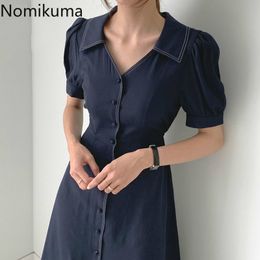 Nomikuma Slim Waist Single Breasted Vintage Dress Women Solid Color V Neck Short Sleeve Dresses Female Summer Vestidos 3c028 210514