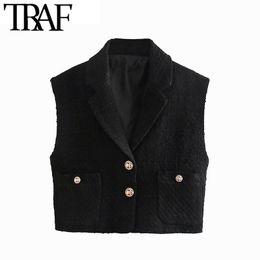 TRAF Women Fashion With Metal Buttons Tweed Cropped Waistcoat Vintage Sleeveless Elastic Hem Female Vest Coat Chic Tops 210415