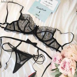 NXY sexy set 3PCS Bra G-String Garter Suit Womens Sexy Lingerie Lace Top Set Lady Thong Underwear Female Fashion Erotic 1127