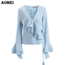 Women Blue Ruffle Blouse Shirts Fashion Girls Elegant Tops Clothing Office Lady Workwear Peplum Spring Bowknot Blusas 210416