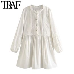 TRAF Women Sweet Fashion With Lace Trim Pleated Mini Dress Vintage Ruffled Collar Long Sleeve Female Dresses Vestidos 210415