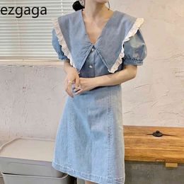 Ezgaga Vintage Denim Dress Women Korean Fashion Lapel Short Sleeve Summer New High Waist Lace Patchwork Sweet Elegant Robe 210430