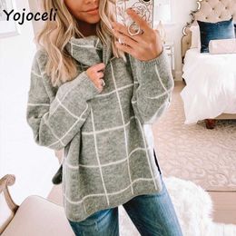Yojoceli comfy knit sweater women turtleneck plaid jumper pullover tops casual autumn winter 210609