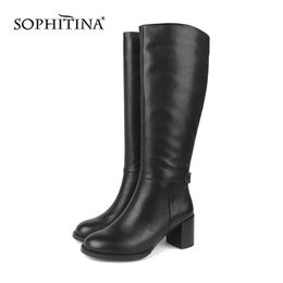 SOPHITINA Comfortable Boots High Quality Genuine Leather Square Heel Zipper Shoes Solid Handmade Women's Boots PC205 210513