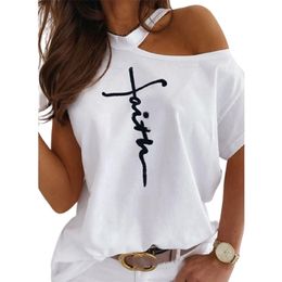 Summer Sexy Off Shoulder Women's Fashion Tops Letter Printed O Neck Short Sleeve Funny T Shirt Loose Casual Cotton Pullovers 210406