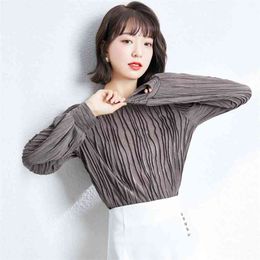 Long-sleeved T-shirt pleated spring women's Korean style top clothes Western bottoming shirt 210520