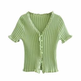 elegant women short knitwears summer green soft ladies sweaters v neck female knits ruffled collar girls knitwear 210430