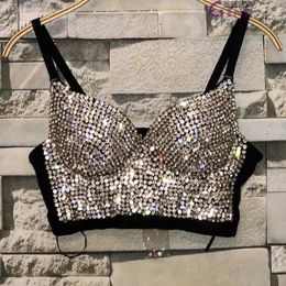 Plus Size High quality Hand-made Pearls Jewel Diamond beading Women's Sexy Bustier Bra Cropped sling Top Vest Bra bling 210714