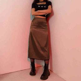 Brown Y2k Lace Patchwork Satin High-Waisted Long Skirt New Trend Kawaii Summer High Quality Black Straight Skirts For Women 210415