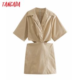 Fashion Women Solid Khaki Shirt Waist Hollow Short Sleeve Ladies Mini Dress Vestidos 2W95 210416