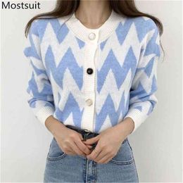 Geometric Knitted Korean Cardigans Sweaters Women Autumn Single Breasted Long Sleeve Tops Fashion Ladies Vintage Jumpers 210513