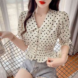 Pearl Buckle Polka Dot Short Sleeve High Waist Shirt Top Women Single Breasted Blouse Girls Flare Tops Shirts Casual 210601