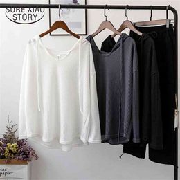 Autumn Hooded Long Sleeve Black Shirt Loose Plus Size Blouse Korean V-neck Pullover Casual Tops For Women 11455 210415