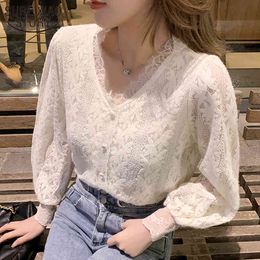 Korean Spring Crochet Solid Tops Lace Blouse Women Plus Size 4XL V Neck Long Sleeve Hollow Out Shirt Ladies Blusa 13356 210415