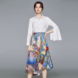 Summer Fashion Runway Skirt Suit Women's Flare Sleeve Solid White Shirt + Hight Waist Irregular Printing Skirts Two Piece Sets 210514