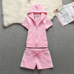 Summer Cotton Sets Women Casual Two Pieces Short Sleeve Hooded T Shirts and Striped Short Pants Solid Outfits Tracksuit S-2XL X0721