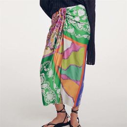 Women Summer Print ZA Pleated Skirts Vintage Bow Tie Back Zipper Female Casual Street Fashion Mid-Calf Skirt Clothing 210513
