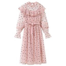 Woman Polka Dot Mesh Two-piece Pink Apricot Stand Collar Long Sleeve Sash Pearl Beading Knee Length Dress D2579 210514