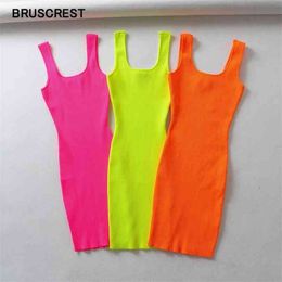 Summer Pink Neon Green Dress Women Ribbed Fluorescence Knit Bodycon Dress Tank Beach Casual Mini Dress Short Sundress 210331