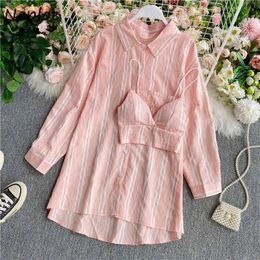 Neploe Chic Vertical Stripes Women Blouse Loose All-match Single Breasted Pockets Shirt Turn-down Collar Femme Blusas 210510