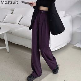 Korean High Waist Wide Leg Pants Capris Women Buttons Fly Solid Loose Office Casual Female Suit Trousers Femme 210513