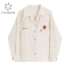 Vintage Shirt Blouse Women Spring Pocket Embroidery Korean Casual Cardigan Long Sleeve Blusas Tops Female Loose Elegant Shirt 210417