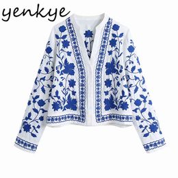 Spring Women Blue Floral Embroidery Jacket Female Long Sleeve V Neck Casual Outerwear Plus Size chaquetas Tops 210430