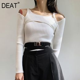 Solid Fake Two Piece Kink Off Shoulder T-shirt Hollow Knitted Top Black And White Women Spring Summer GX863 210421