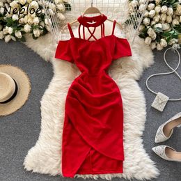 Neploe Sexy Shoulder Strapless Halter Dress Women High Waist Hip Skinny Multicolor Vestidos Summer New Short Sleeve Robe 210423