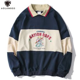 Aolamegs Striped Patchwork Hoodies Autumn Sweatshirts Men Cute Print Casual Hooded Pullover Couples False Two Harajuku Colthing 210813