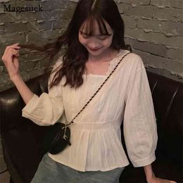 Summer Square Collar Nine Quarter Sleeve Casual Cotton Blouse Women Slim Lantern Top Vintage Lace Ladies' Tops 9697 210518