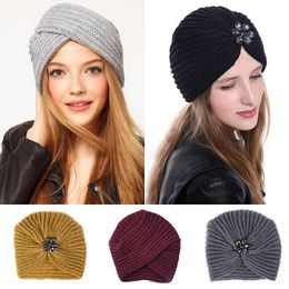 Women Bohemian Style Warm Winter Autumn knitted Cap Fashion Boho Soft Hair Accessories Turban Solid Color female Muslim hat Y0911