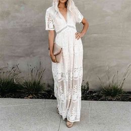 Boho Inspired white Lace tunic summer beach dress women deep V-neck lining embroidery slit side bohemian tunic dress female 210409