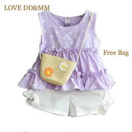 LOVE DD&MM Girls Sets Summer Kids Clothes Printed Flower Bow sleeveless T-shirts And Shorts Suit Free Bag 210715