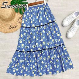 SURMIITRO Summer Midi Long Pleated Skirt Women Korean Style Blue Floral Print High Waist Mid-Length Skirt Female 210712