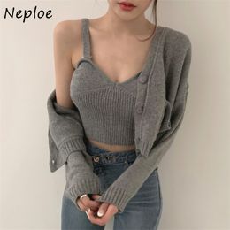 Chic Autumn Winter 2 Piece Set Sexy V-neck Feminino Camis Vest + Solid Colour Single Breasted Knitted Cardigan Suit 210422
