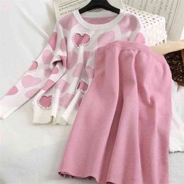 Autumn Winter Sweet Love Beads Pullover Top Sweater + Elastic Waist Skirt 2 Piece Set Korean Casual Knit Two For Women 210514