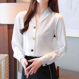 Ruffle blouse Chiffon Shirt White Women's Clothing Spring Blusas Autumn Long-sleeved V Neck Blouses 93G 60 210420