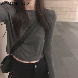 Slim Short Full Sleeve T-shirt Women's Spring Autumn Korean Style Navel-exposed Girl Female Top WA4 210603