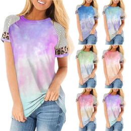 Tie-dye Shirt O-neck Leopard Patchwork Striped Short Sleeve Pullover Women Cotton Tee Gradient Purple Casual Loose Tshirts 210604